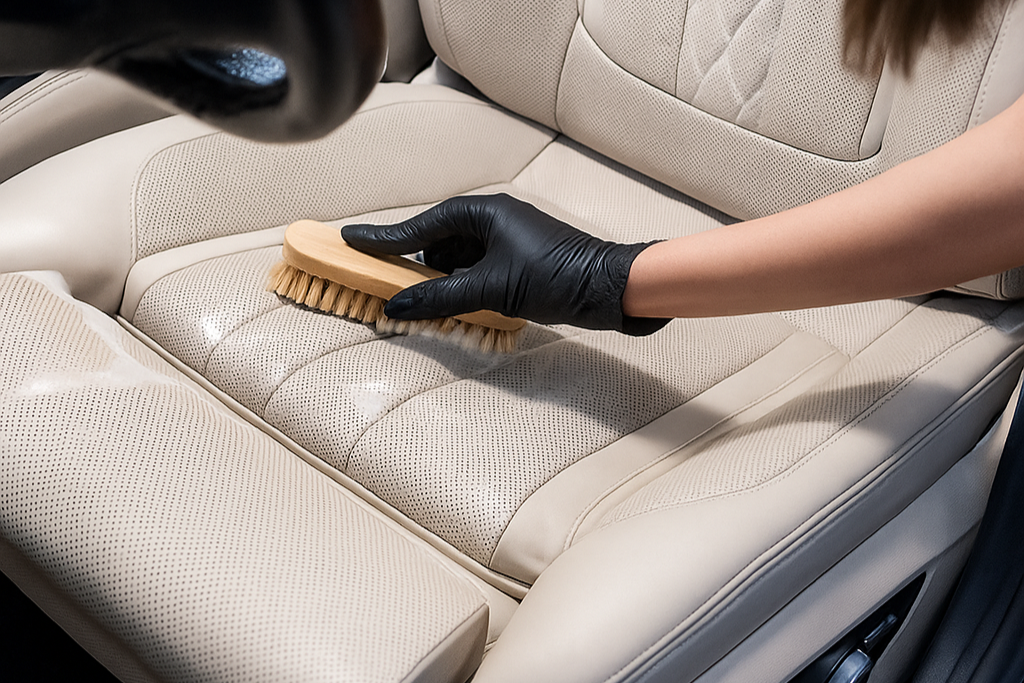 Gentle brush cleaning with light foam on an ivory perforated leather car seat