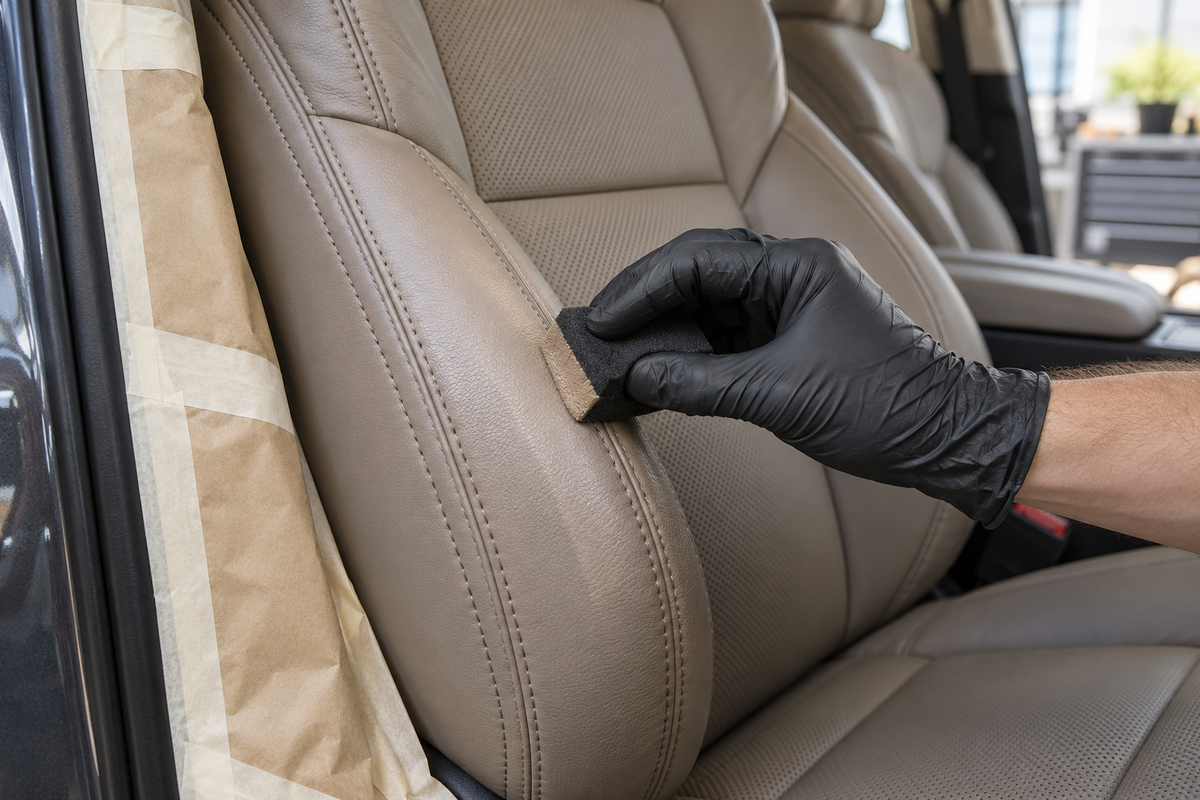 A gloved hand applying leather colourant with a sponge to a masked car seat bolster.