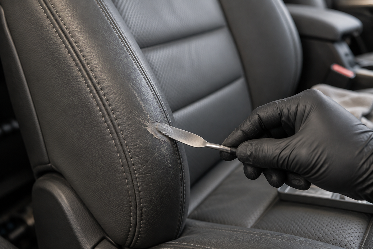 A gloved hand smoothing a thin layer of filler over a scuff on a leather car seat bolster.