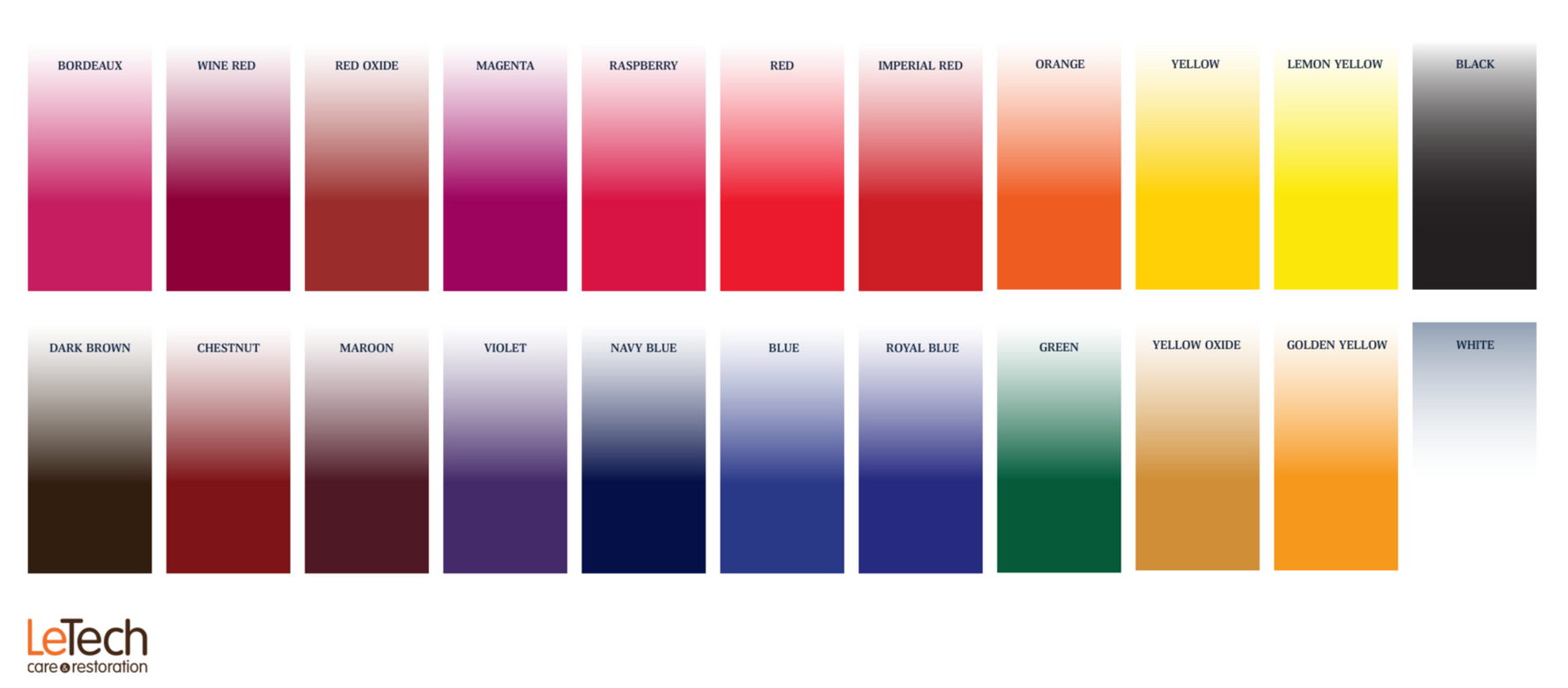 Color swatch chart with various shades of color from LeTech