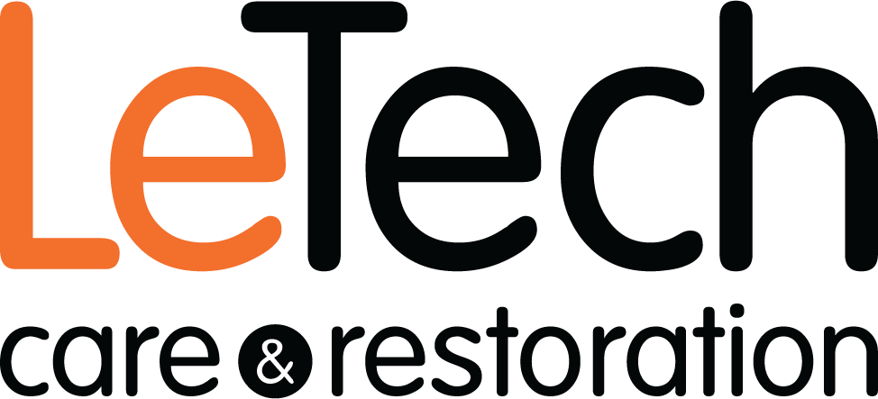 LeTech care & restoration logo with orange and black text