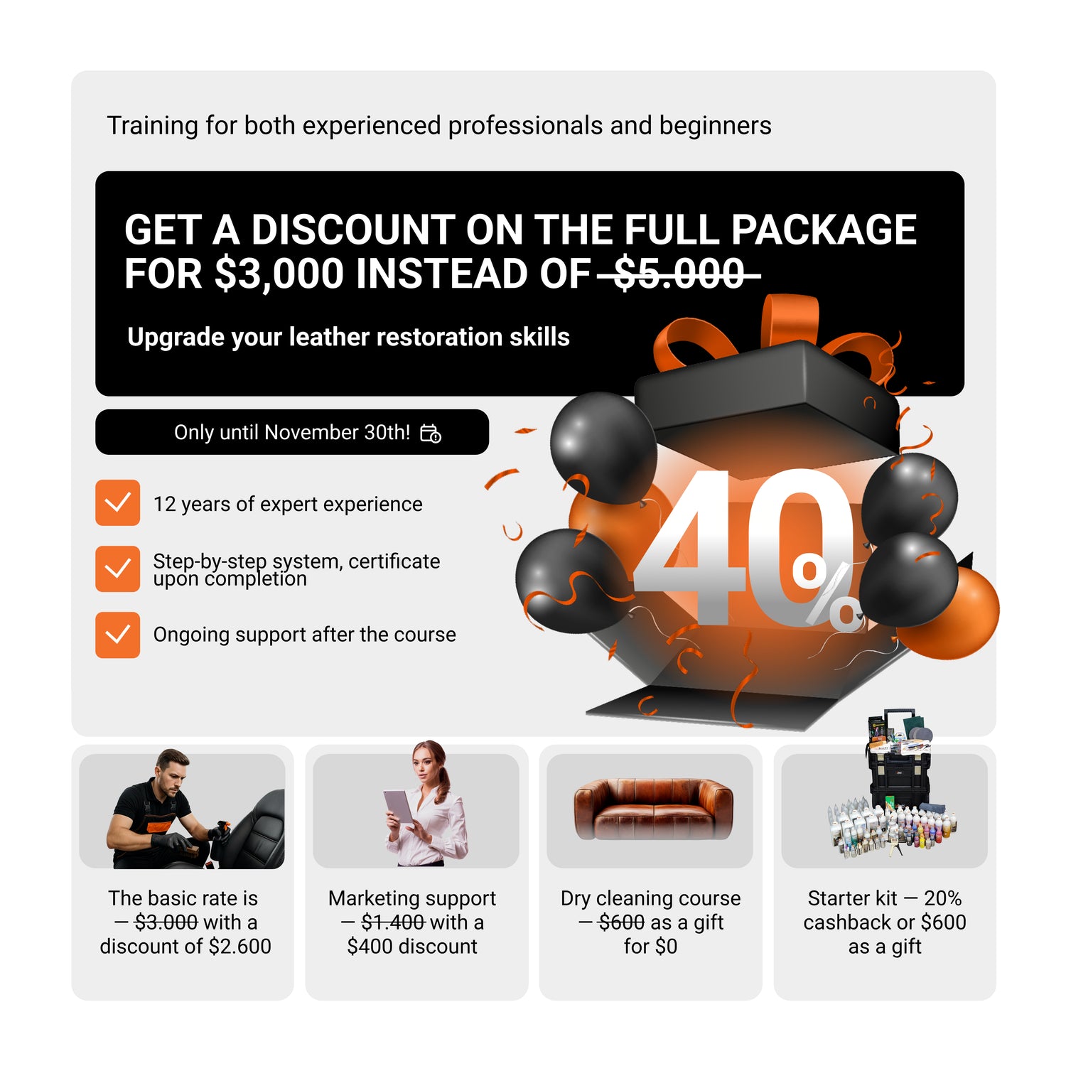 Advertisement for a leather restoration training package with discount offer and course details.