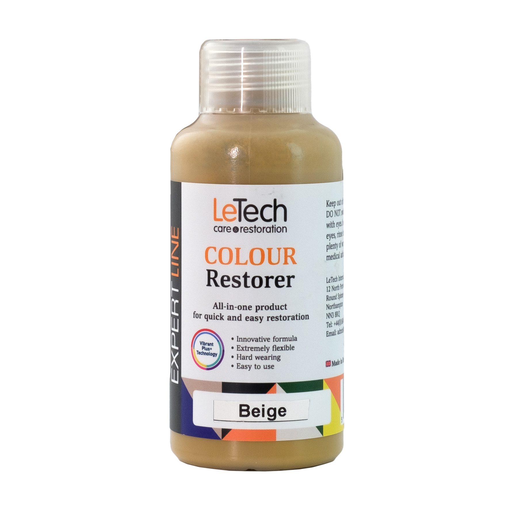 Bottle of LaTech Colour Restorer in beige on a white background
