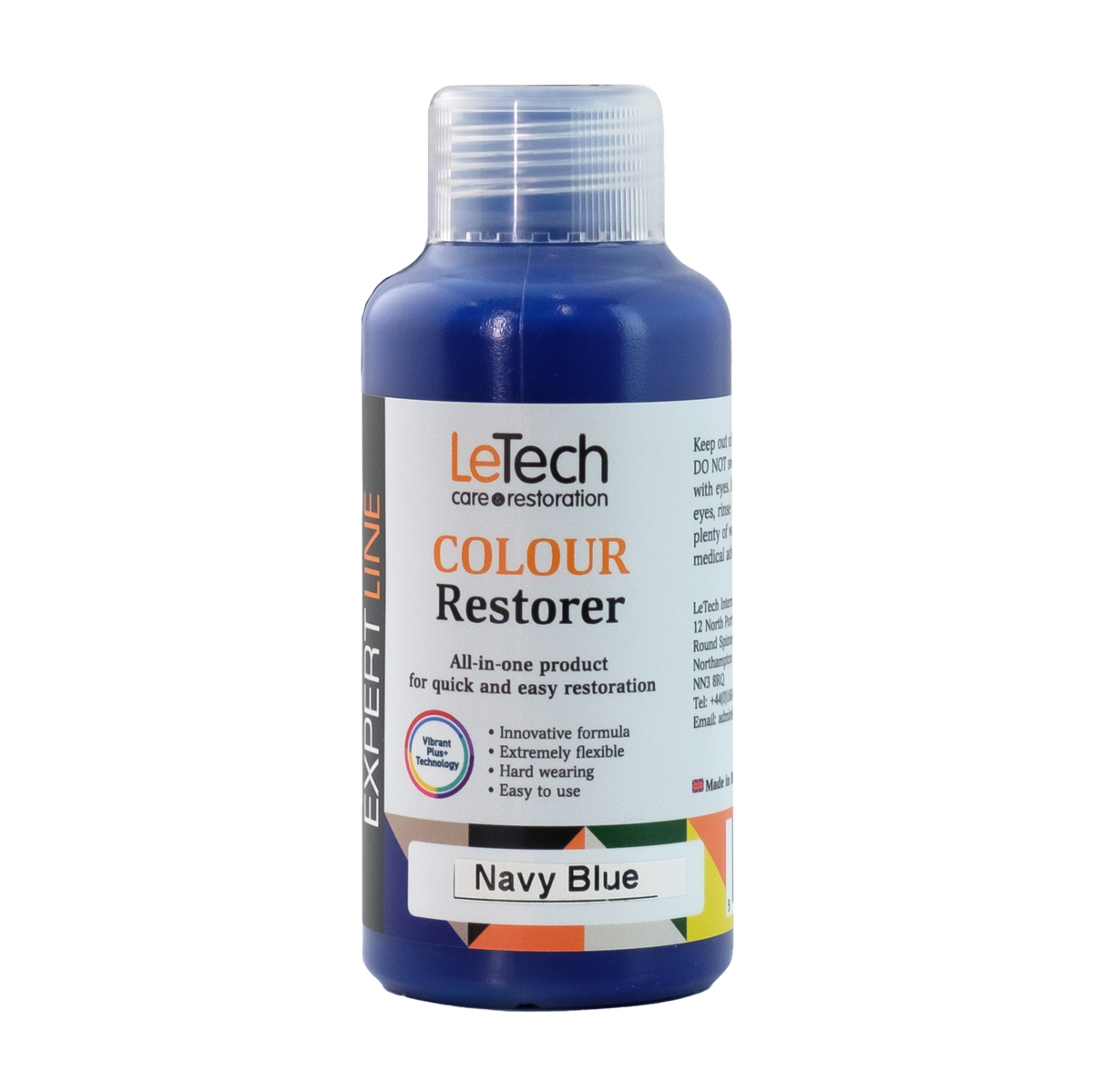 A blue bottle labeled 'LeTech Leather Colour Restorer' designed for restoring leather color and removing scratches.