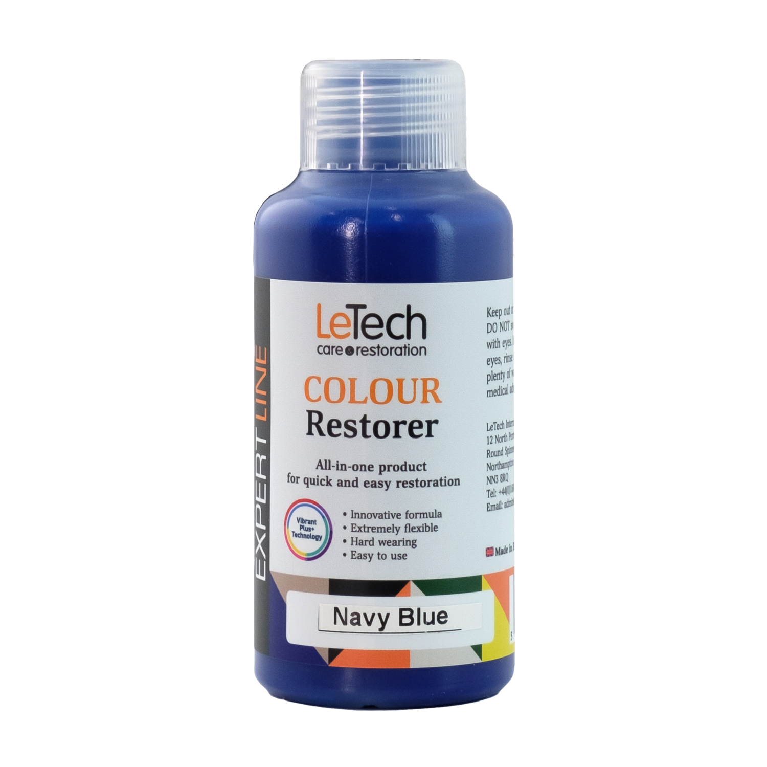 A blue bottle labeled 'LeTech Leather Colour Restorer' designed for restoring leather color and removing scratches.