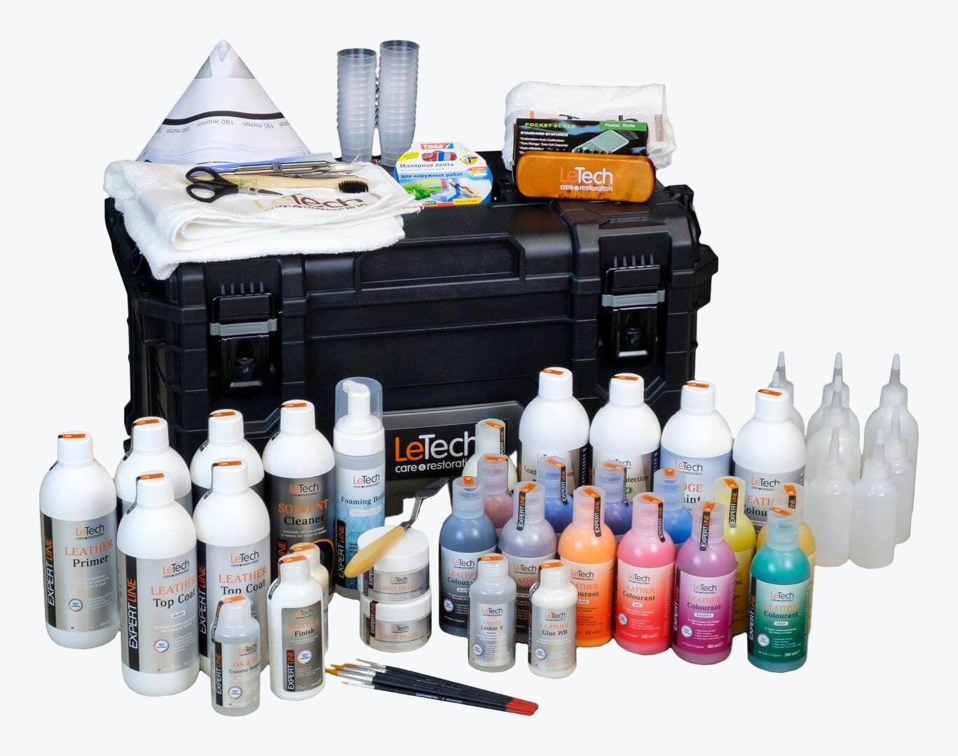 LeTech paint kit with various bottles, tools, and supplies on a white background