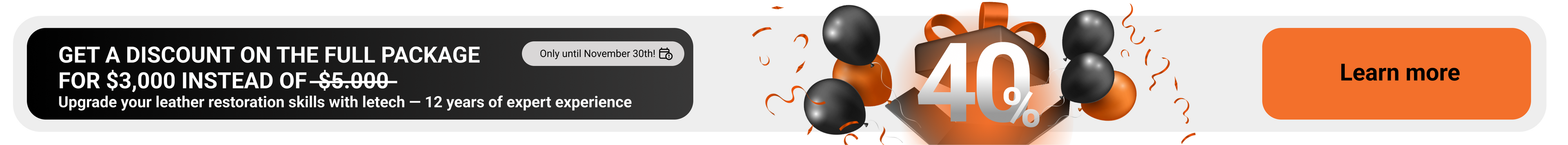 Promotional banner with discount offer and 'Learn more' button