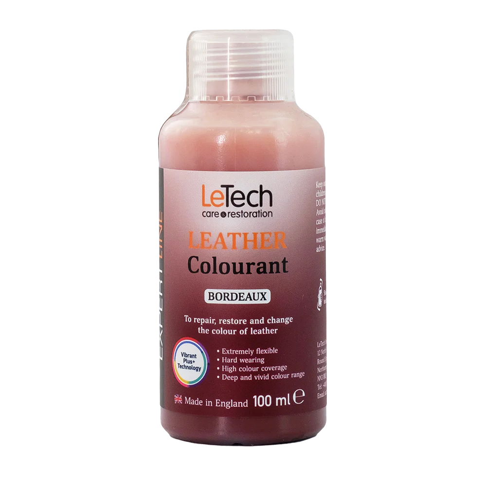 LeTech leather colourant bottle in Bordeaux color on a white background