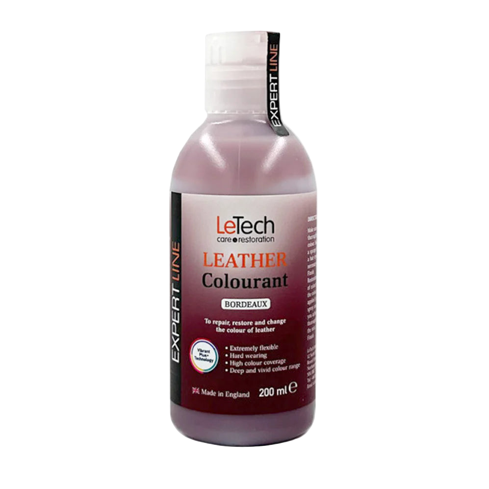 LeTech leather colourant bottle with Bordeaux color on a white background