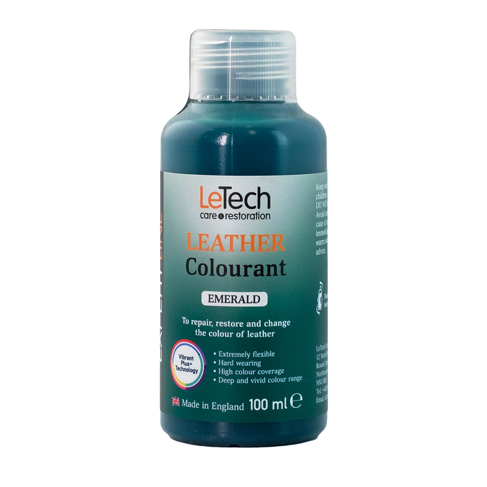 LeTech leather colourant bottle in emerald color on a white background