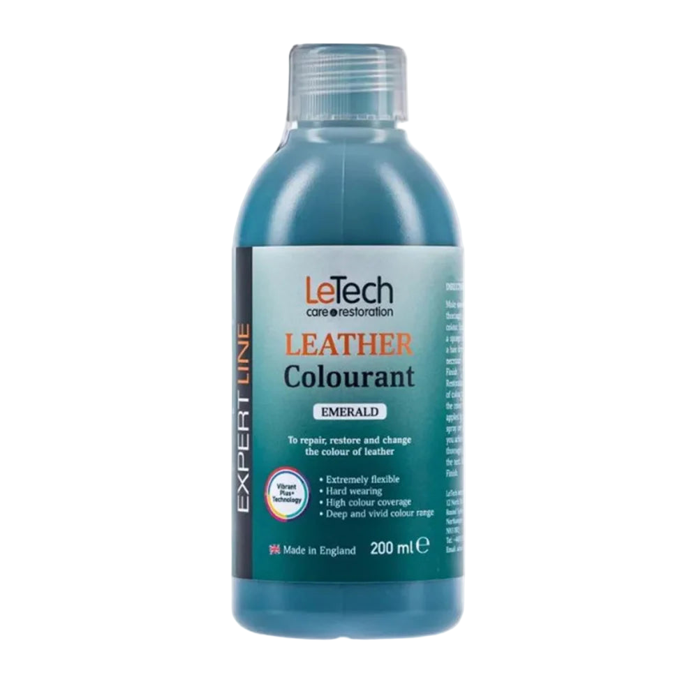 LeTech leather colourant bottle in emerald color on a white background
