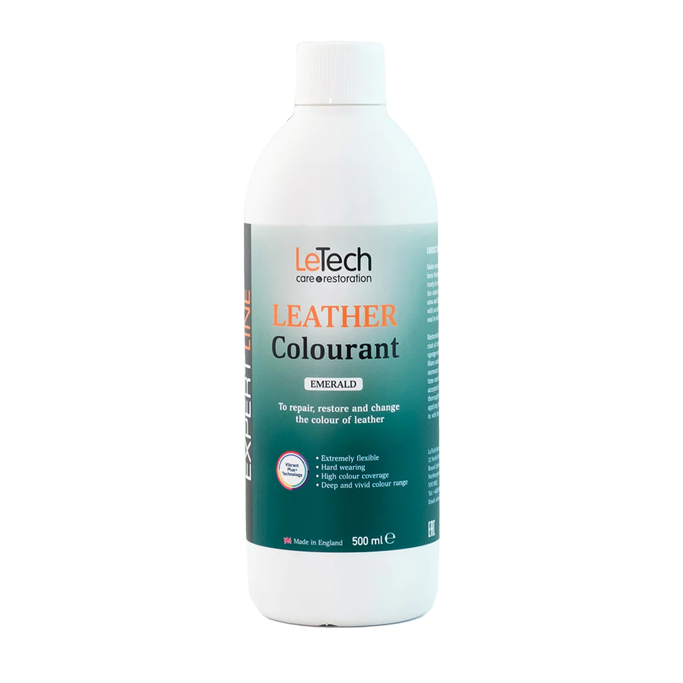 LeTech leather colourant bottle with emerald color on a white background