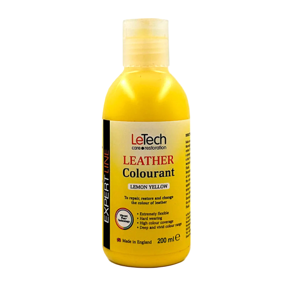 Yellow bottle of LeTech Leather Colourant on a white background