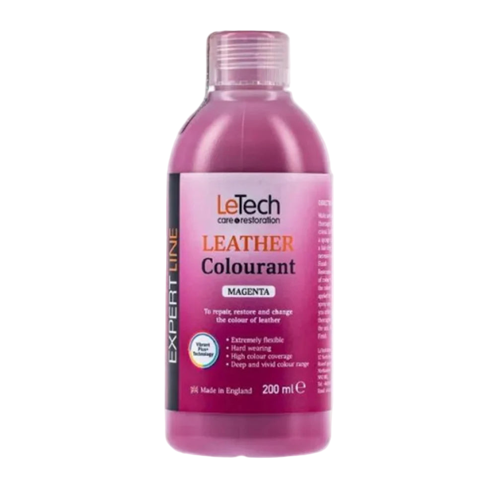 LeTech Leather Colourant bottle in magenta on a white background