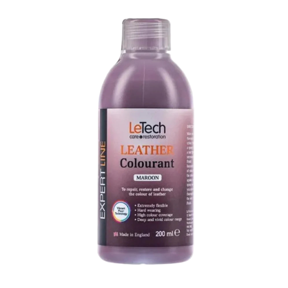 LeTech leather colourant bottle in maroon on a white background