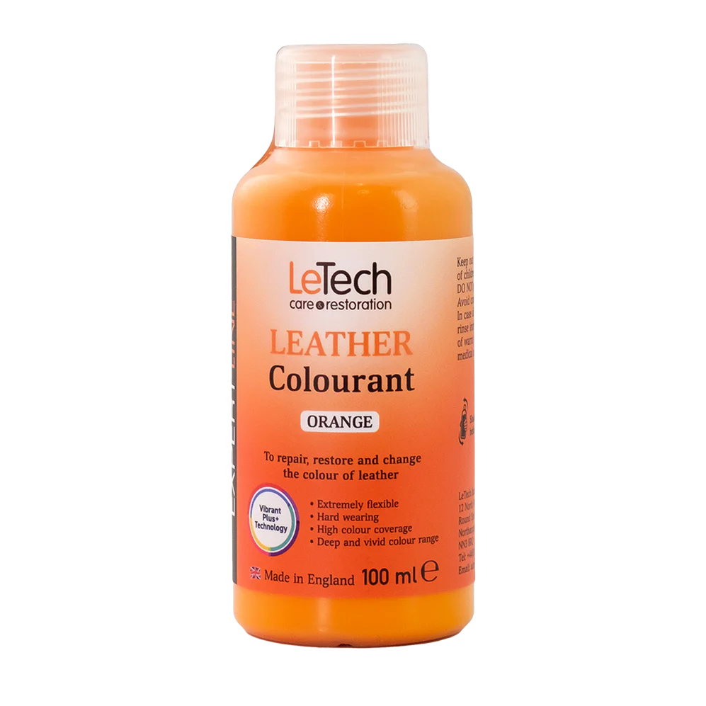LeTech leather colourant bottle in orange on a white background