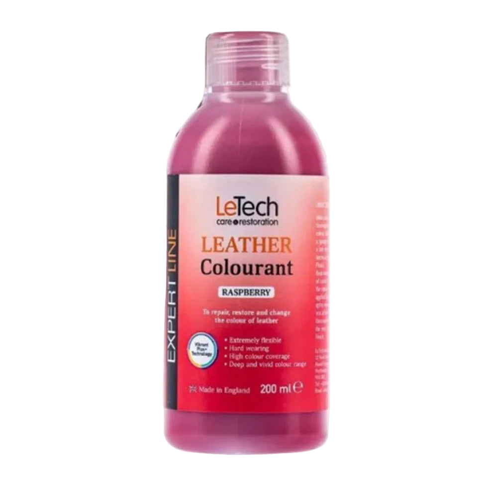 Bottle of LeTech Leather Colourant in Raspberry flavor on a white background