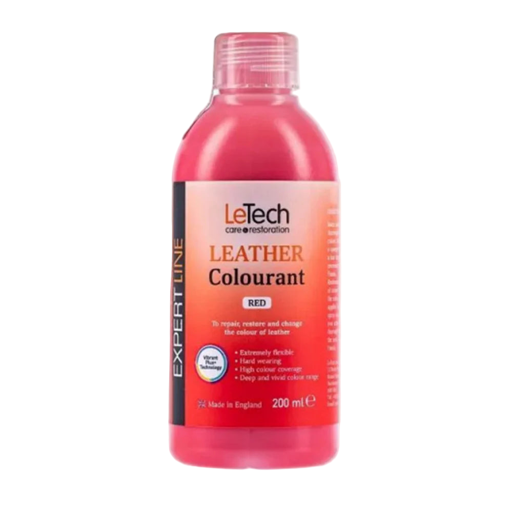 LeTech Leather Colourant bottle in red on a white background