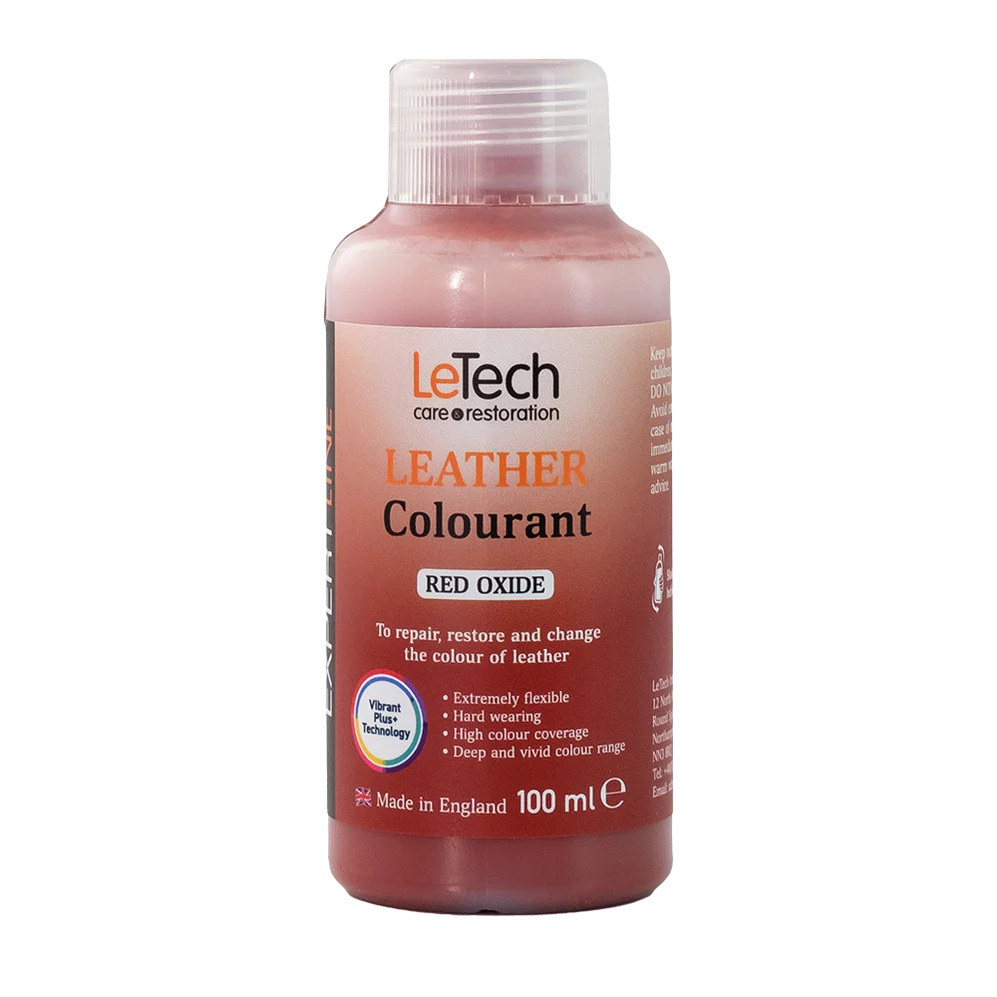 LeTech leather colourant bottle with red oxide on a white background