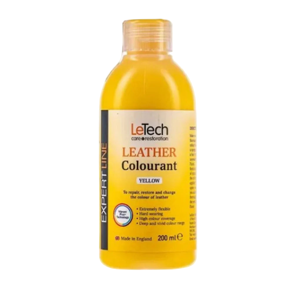 Yellow bottle of LeTech leather colourant on a white background