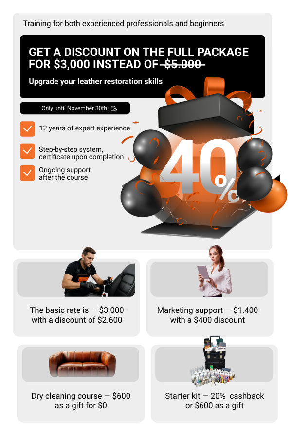 Advertisement for leather restoration training package with discounts and course details.